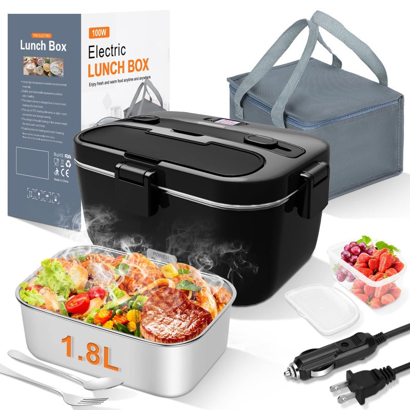 DUPASU Electric Lunch Box Food Warmer: 100W Heated Lunch Box for Adults, 1.8L Portable Fast Heating Lunchbox Food Heater for Car, Truck, Work, Travel, Lonchera Elctrica Porttil 12/24V/110-230V (Black) - Image 1