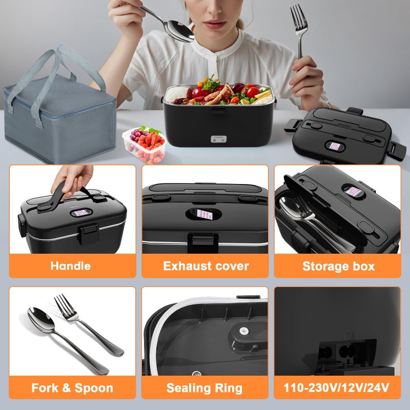 DUPASU Electric Lunch Box Food Warmer: 100W Heated Lunch Box for Adults, 1.8L Portable Fast Heating Lunchbox Food Heater for Car, Truck, Work, Travel, Lonchera Elctrica Porttil 12/24V/110-230V (Black) - Image 4