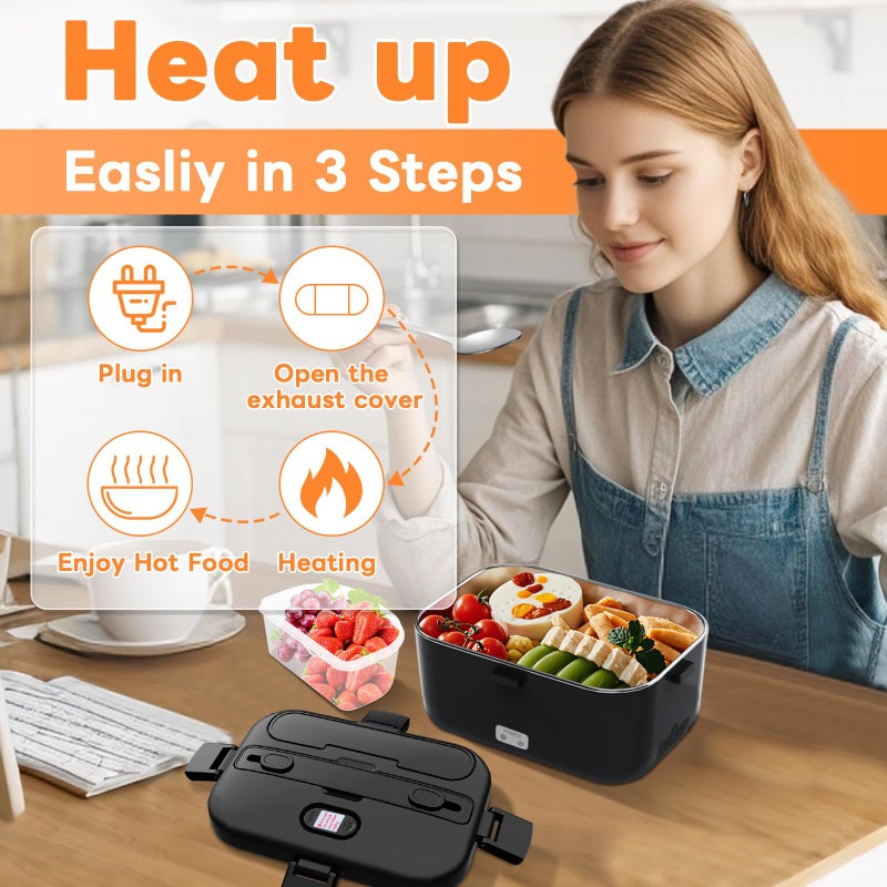 DUPASU Electric Lunch Box Food Warmer: 100W Heated Lunch Box for Adults, 1.8L Portable Fast Heating Lunchbox Food Heater for Car, Truck, Work, Travel, Lonchera Elctrica Porttil 12/24V/110-230V (Black) - Image 2