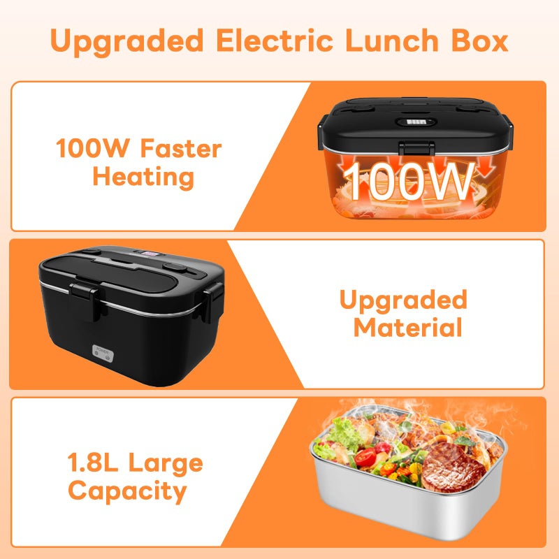 DUPASU Electric Lunch Box Food Warmer: 100W Heated Lunch Box for Adults, 1.8L Portable Fast Heating Lunchbox Food Heater for Car, Truck, Work, Travel, Lonchera Elctrica Porttil 12/24V/110-230V (Black) - Image 5