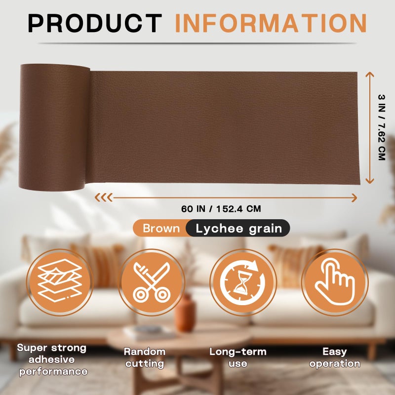 Fadoub Leather Repair Patch, 3 x 60In Self Adhesive Leather Repair Tape Kit for Furniture, Couch, Sofa, Office, Car Seats, Car Interior, Vinyl Repair Kit (Brown) - Image 2