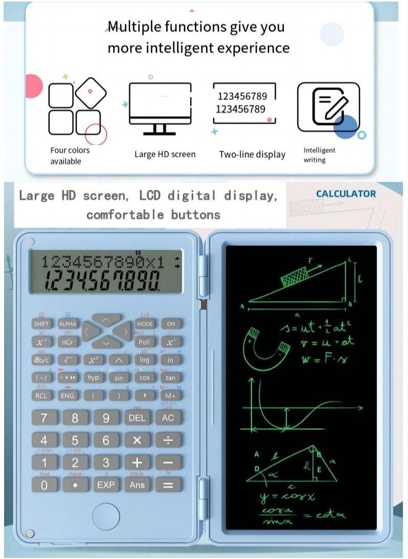 NIBEMINENT آلة حاسبة علمية مع مفكرة LCD قابلة للمسح والكتابة، آلات حاسبة للمكتب، آلة حاسبة احترافية محمولة قابلة للطي للدراسة والعمل  - Image 2