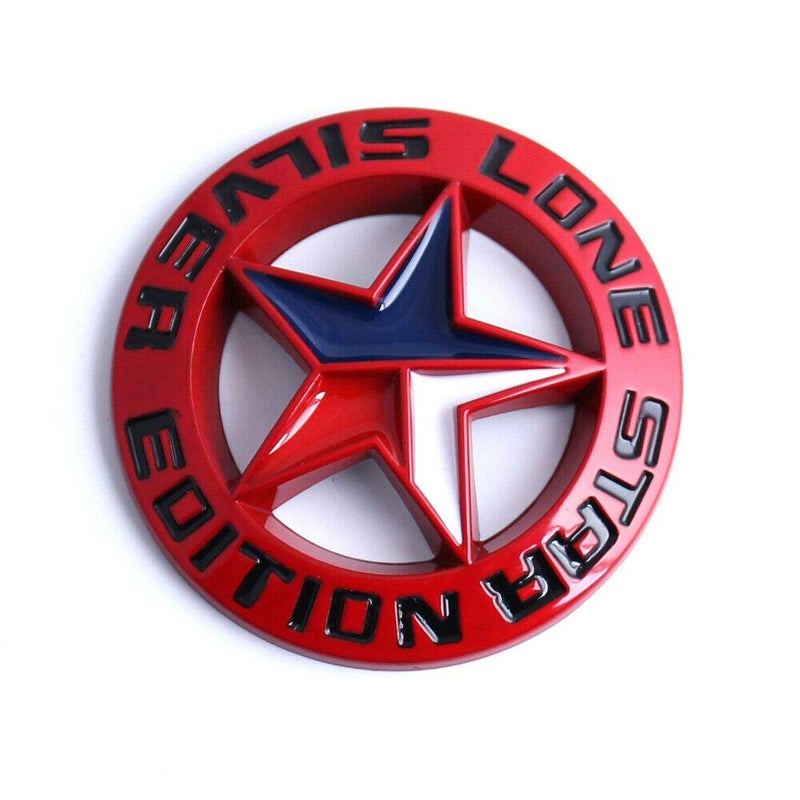 Muzzys RED Lone Star Silver Edition Texas Emblem Decal Longhorn Badge Universal Stick On FITS Chevy Silverado Suburban Tahoe GMC Sierra F150 Ranger F150 Ram Titan Car Auto Truck Fender Tailgate
