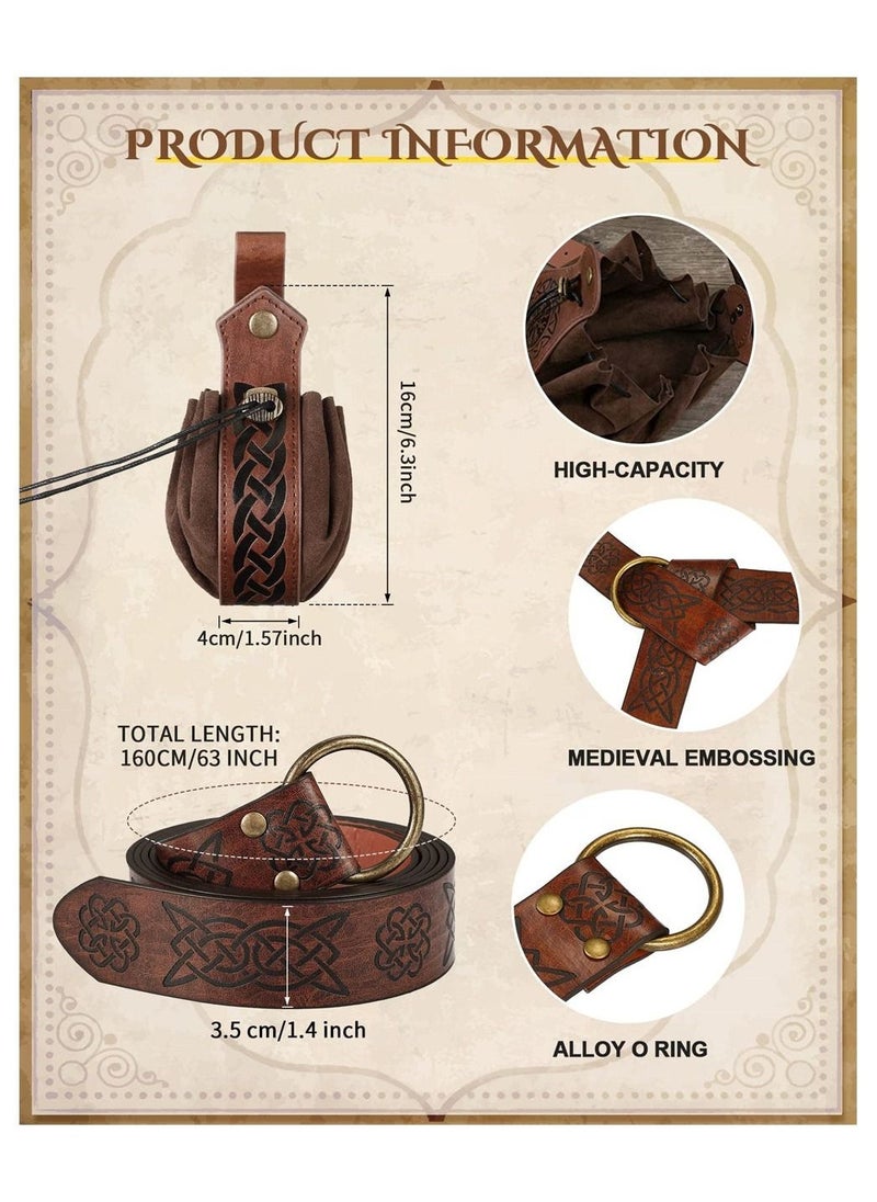 Medieval Knight Accessories, 2 Pcs Medieval Viking Belt Medieval Faux Leather Belt Pouch, Renaissance Leather Belt Medieval Bag Renaissance Accessories, Brown, Retro  - Image 3