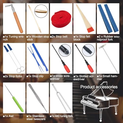 YZNlife Piano Tuning Kit,Professional Piano Tuner Tools Including Tune Hammer Lever Felt, Mutes, Fork,Tuning Wrench,Temperament Strip,Piano Repairing Accessories 16 pieces - Image 3