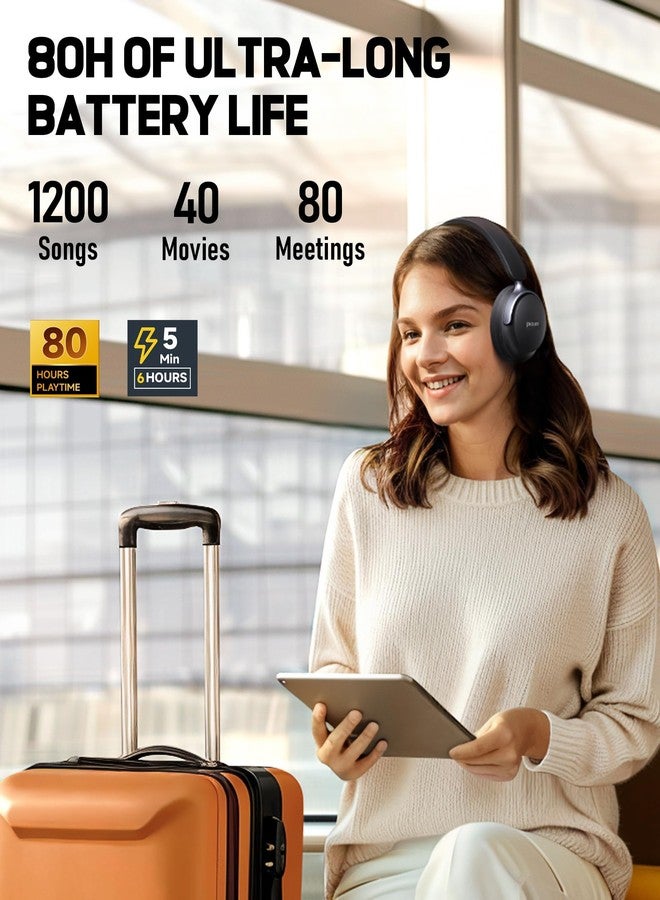 بيكن سماعات رأس Picun NC60 الهجينة بتقنية إلغاء الضوضاء النشطة، سماعات رأس لاسلكية قابلة للطي فوق الأذن بتقنية بلوتوث 5.4، مدة تشغيل تصل إلى 80 ساعة، وضع الشفافية، صوت جهير ستيريو، معادل صوت مخصص عبر التطبيق، مناسبة للسفر والمنزل، لون أسود - Image 3