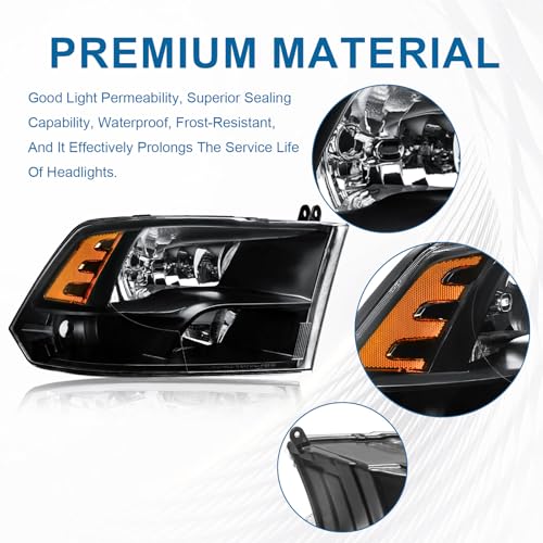 Fullux Headlights fit 09-18 Dodge Ram 1500/10-18 Dodge Ram 2500 3500 4500 5500 (Only Fit Factory Quad Style Halogen Headlamp) Black Housing Amber Reflector - Image 2