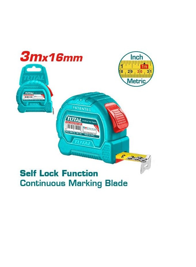 TOTAL TOTAL 3m x 16mm Steel Measuring Tape – Self-Lock Function, Metric & Inch Measurements, Durable ABS Cover – Ideal for Home, DIY, and Professional Use 