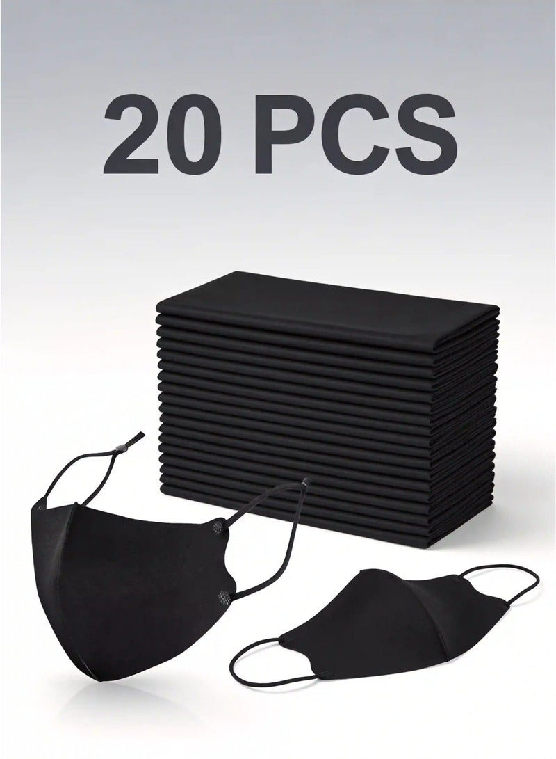 20 Pcs Reusable Ice Silk Face Mask | 3D Ergonomic Breathable Black Mask with Adjustable Ear Loops | Washable Dustproof Fabric | Unisex Adult - Image 2