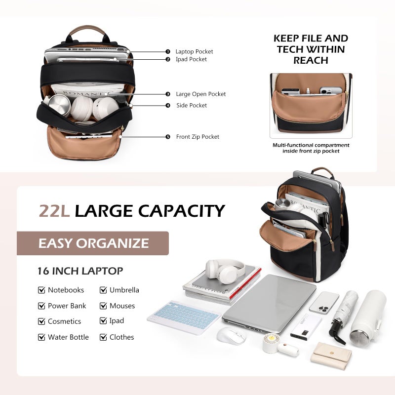 GOLF QUALITY Laptop Backpack for Women Travel Carry On Bag Weekender Business Multilayer Personal Item Backpack,16 Inch,WBlack - Image 3
