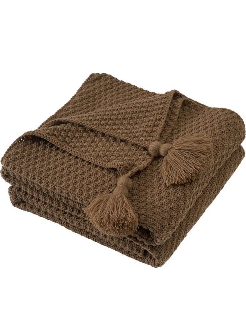 Tassel Design Warm Blanket Polyester Brown 130x170cm - Image 1