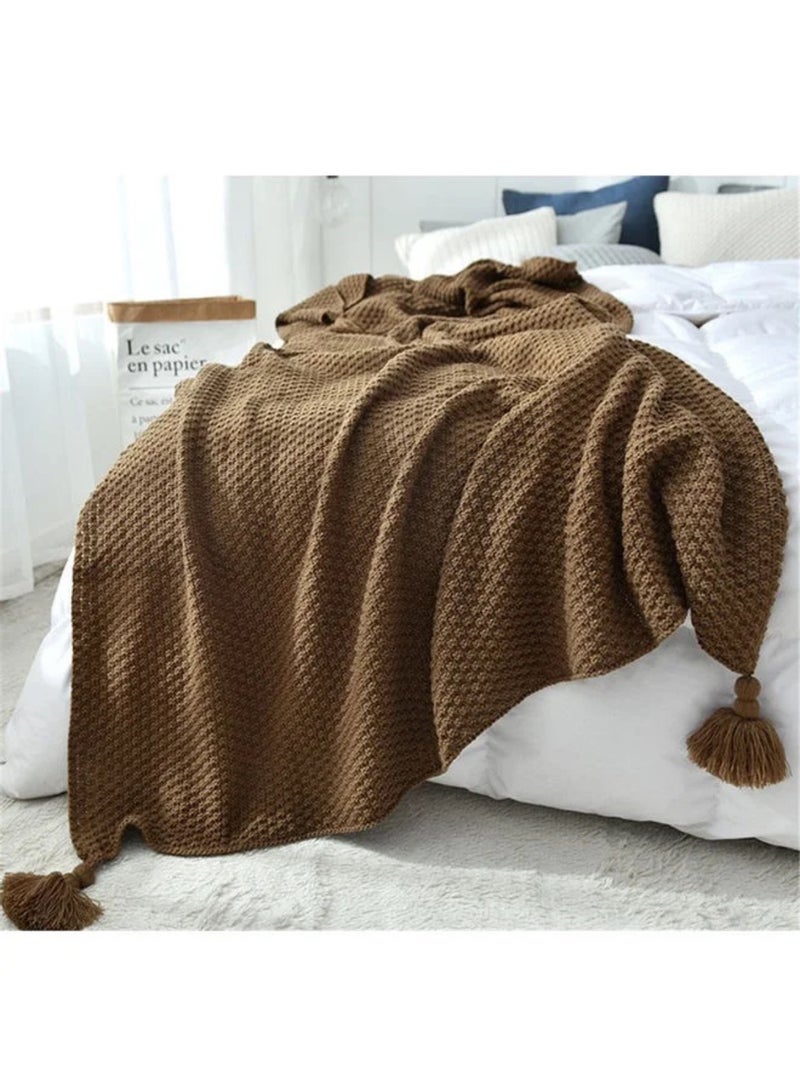 Tassel Design Warm Blanket Polyester Brown 130x170cm - Image 2
