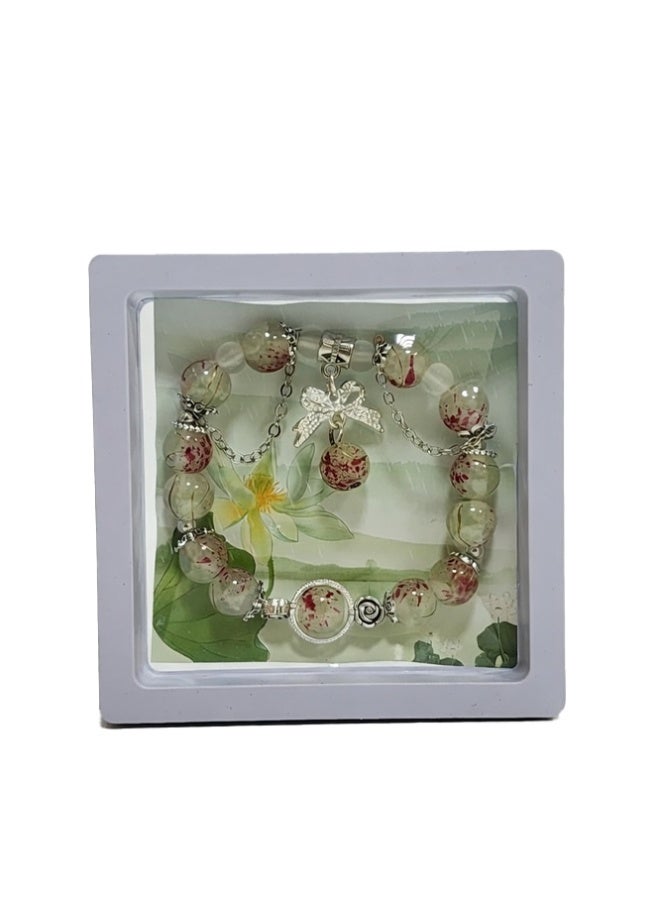 Crazy Boss 4-Piece Floral Aesthetic Bead Bracelet Set with Ribbon Bow Charms & Layered Chains – Elegant Botanical Jewelry for Women – 3D Floating Gift Box Display (Black, Purple, Pink, Sage) - Image 3