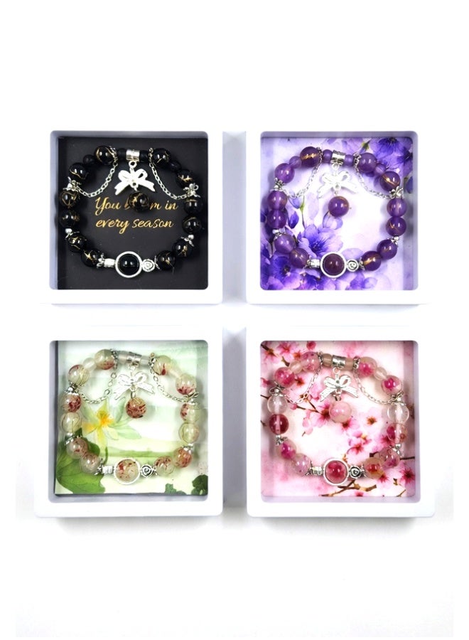 Crazy Boss 4-Piece Floral Aesthetic Bead Bracelet Set with Ribbon Bow Charms & Layered Chains – Elegant Botanical Jewelry for Women – 3D Floating Gift Box Display (Black, Purple, Pink, Sage) - Image 1
