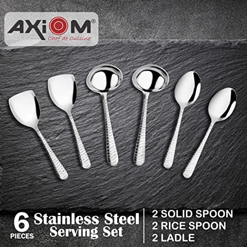 AXIOM Serving Tools Stainless Steel 6 Piece Heavy Gauge Non-Stick Set Of 2 Soup Ladle (Karchi), 2 Solid Spoon (Chamcha) And 2 Rice Spoon For Serving Soup/Curry/Dal/Rice/Pasta ,23 Cm - Image 2