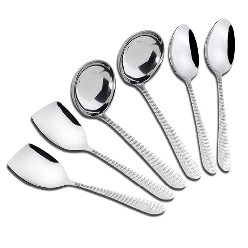AXIOM Serving Tools Stainless Steel 6 Piece Heavy Gauge Non-Stick Set Of 2 Soup Ladle (Karchi), 2 Solid Spoon (Chamcha) And 2 Rice Spoon For Serving Soup/Curry/Dal/Rice/Pasta ,23 Cm - Image 1