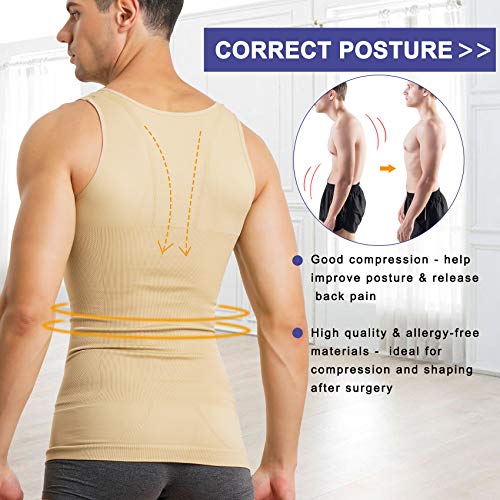 MOLUTAN Mens Compression Shirt Slimming Body Shaper Vest Sleeveless Waist Trainer Workout Tank Top Tummy Control Shapewear (Beige, X-Small-Small) - Image 4