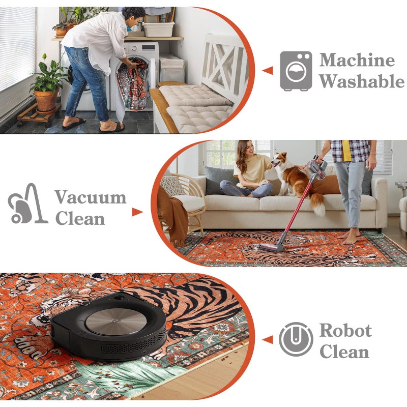 Moynesa Tiger 3x5 Washable Rug, Boho Area Rugs for Entryway, Non Slip Small Rug for Bedroom, Ultra Thin Botanical Vintage Soft Accent Carpet for Kitchen Entry Laundry Room, Rust - Image 5