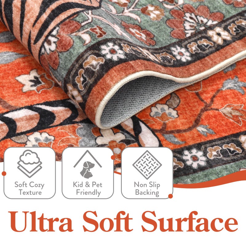 Moynesa Tiger 3x5 Washable Rug, Boho Area Rugs for Entryway, Non Slip Small Rug for Bedroom, Ultra Thin Botanical Vintage Soft Accent Carpet for Kitchen Entry Laundry Room, Rust - Image 3