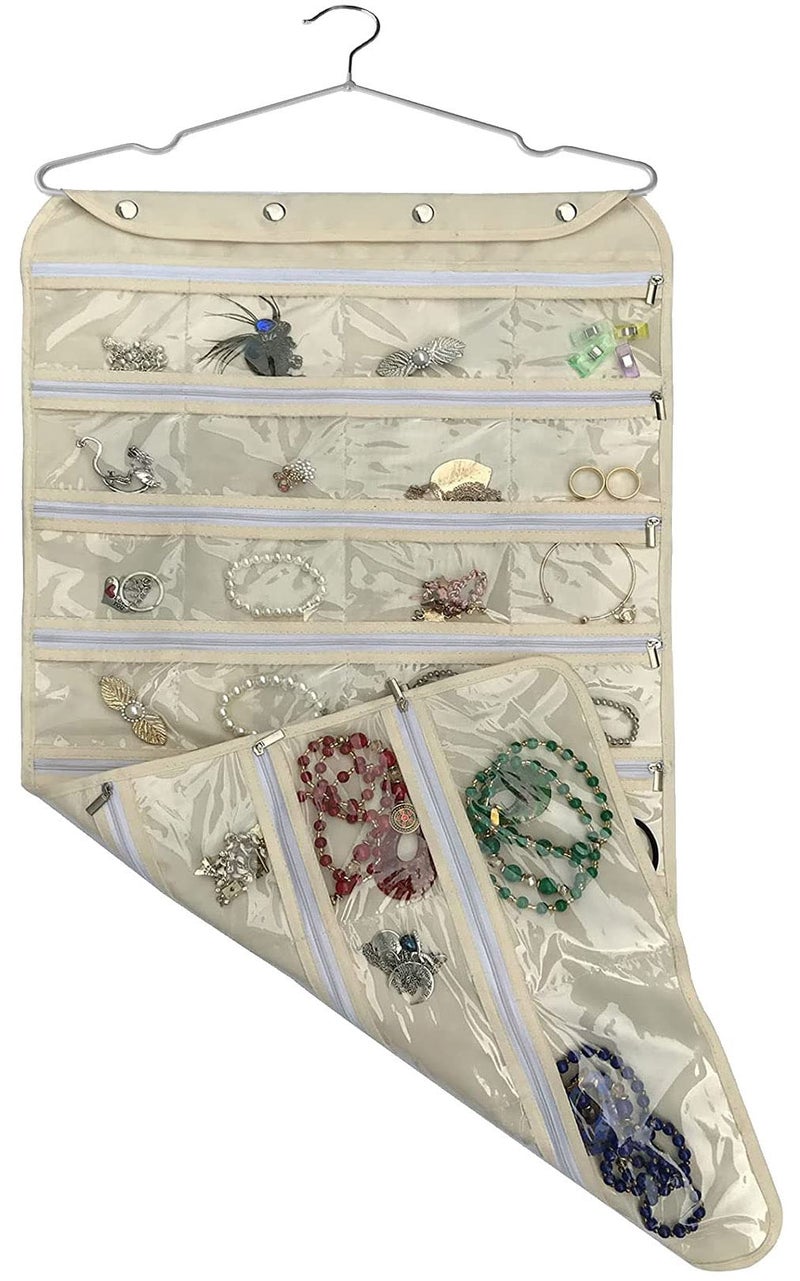 BB Brotrade Hanging Jewelry Organizer,Accessories Organizer,56 Zipper Pocket Organizer for Holding Jewelries (Beige-Zipper) - Image 1