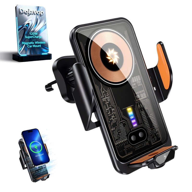 Dojavop Fast Wireless Car Charger Wireless Charging Phone Mount for Car Magnetic Navigation Car Phone Holder Automatic Smart Sensor Clamping Rotating with Charger Station Fast Wireless Charger Max 120W(Black) - Image 1