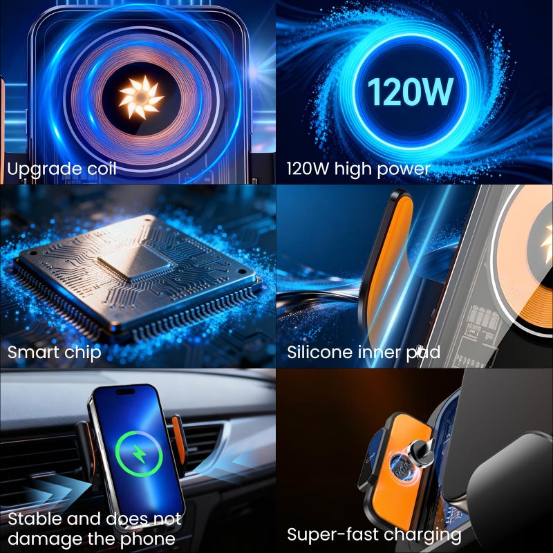 Dojavop Fast Wireless Car Charger Wireless Charging Phone Mount for Car Magnetic Navigation Car Phone Holder Automatic Smart Sensor Clamping Rotating with Charger Station Fast Wireless Charger Max 120W(Black) - Image 2