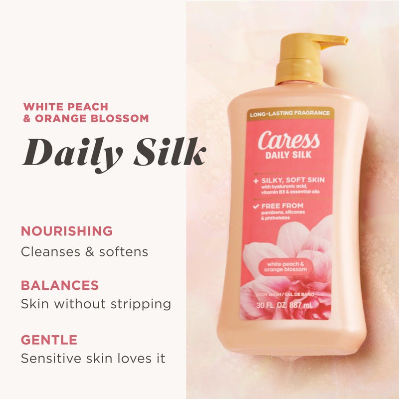 Caress Body Wash With Pump Daily Silk White Peach & Orange Blossom Body Soap for Noticeably Silky, Soft Skin 30 fl oz, 4 Pack - Image 2