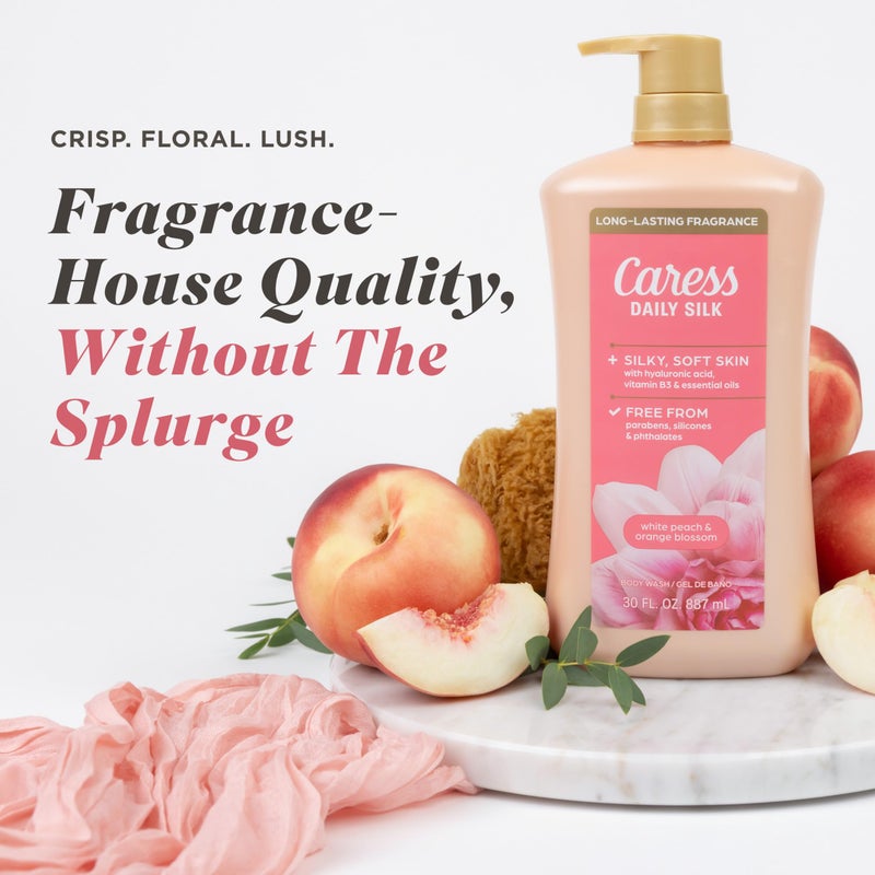 Caress Body Wash With Pump Daily Silk White Peach & Orange Blossom Body Soap for Noticeably Silky, Soft Skin 30 fl oz, 4 Pack - Image 3