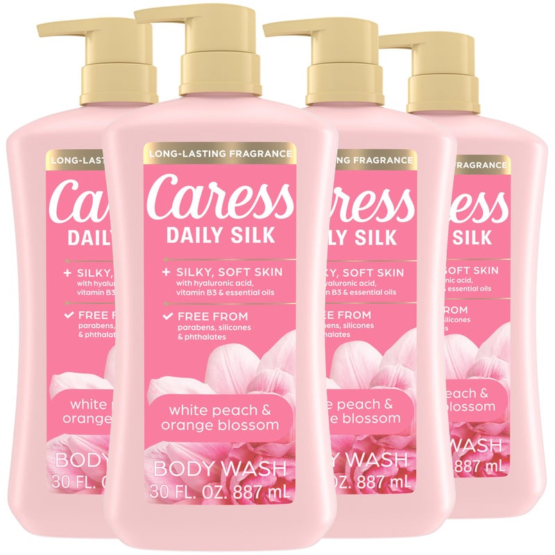 Caress Body Wash With Pump Daily Silk White Peach & Orange Blossom Body Soap for Noticeably Silky, Soft Skin 30 fl oz, 4 Pack - Image 1