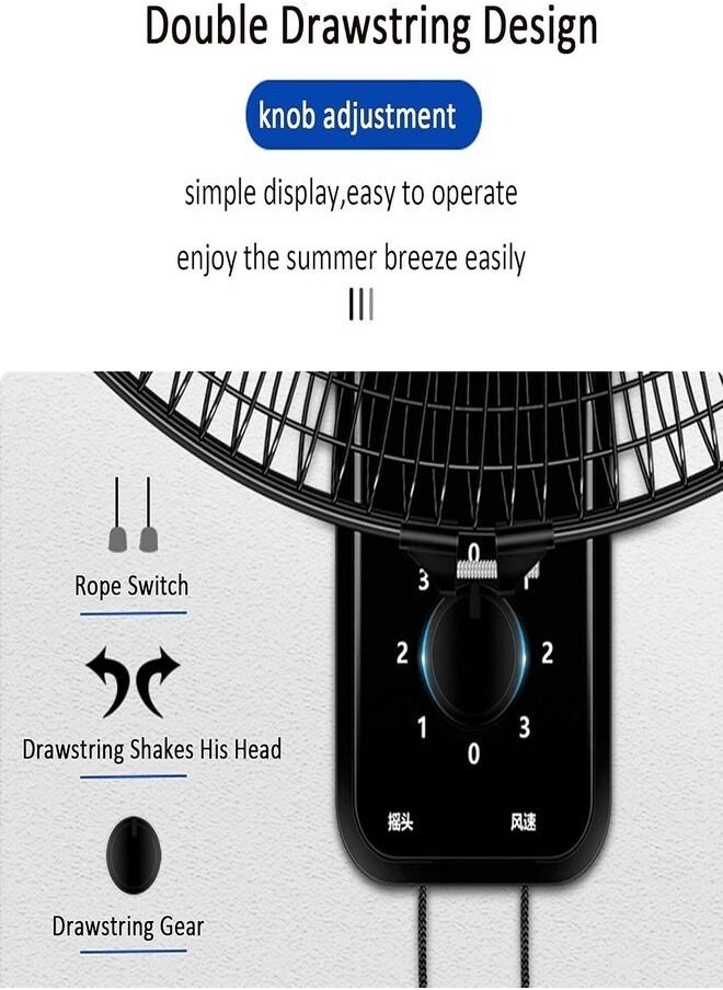 Denx - 16 Inch Wall Fan High Performance Fan with 3 Speed ​​Controls, 5 Leaf Blades and 2 Pull Cord Adjustable Tilt Angle and Efficient Cooling - Image 1