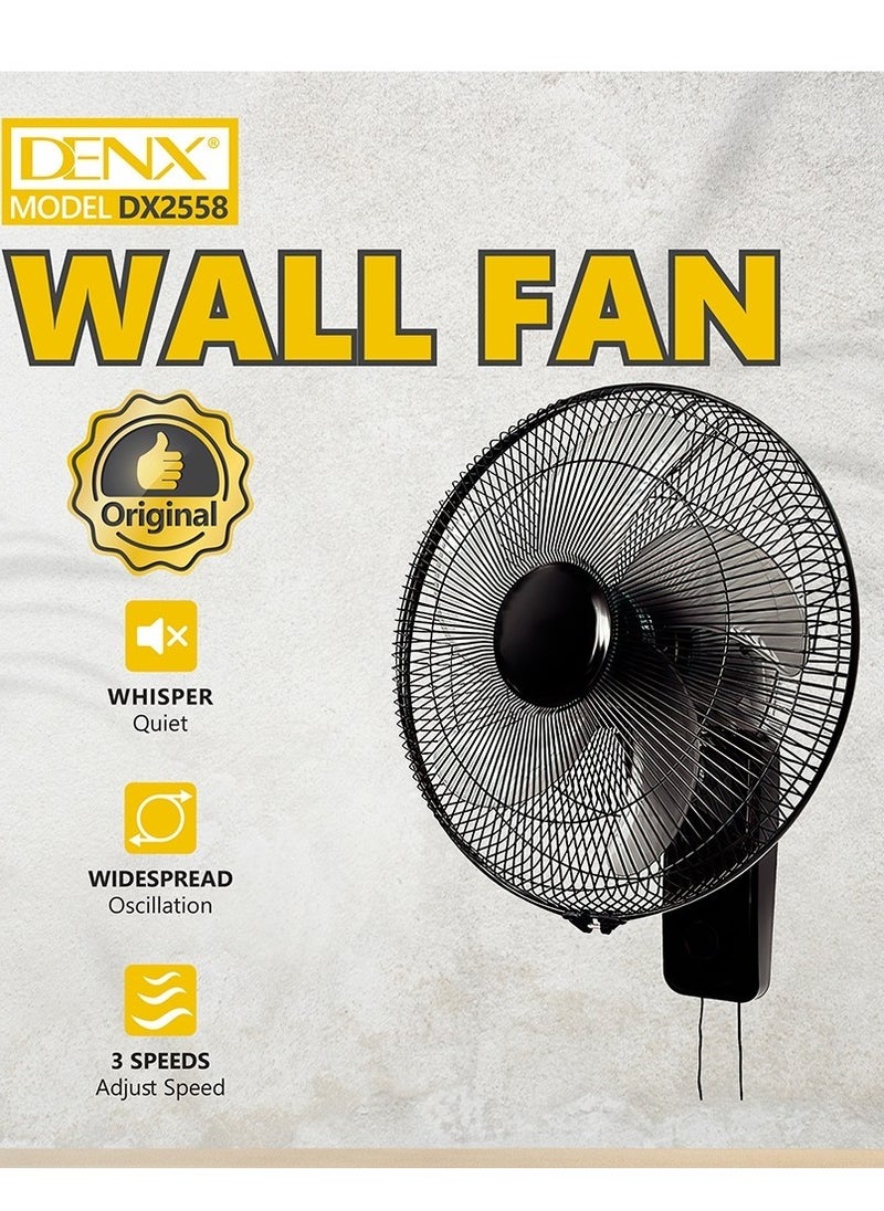 Denx - 16 Inch Wall Fan High Performance Fan with 3 Speed ​​Controls, 5 Leaf Blades and 2 Pull Cord Adjustable Tilt Angle and Efficient Cooling - Image 1