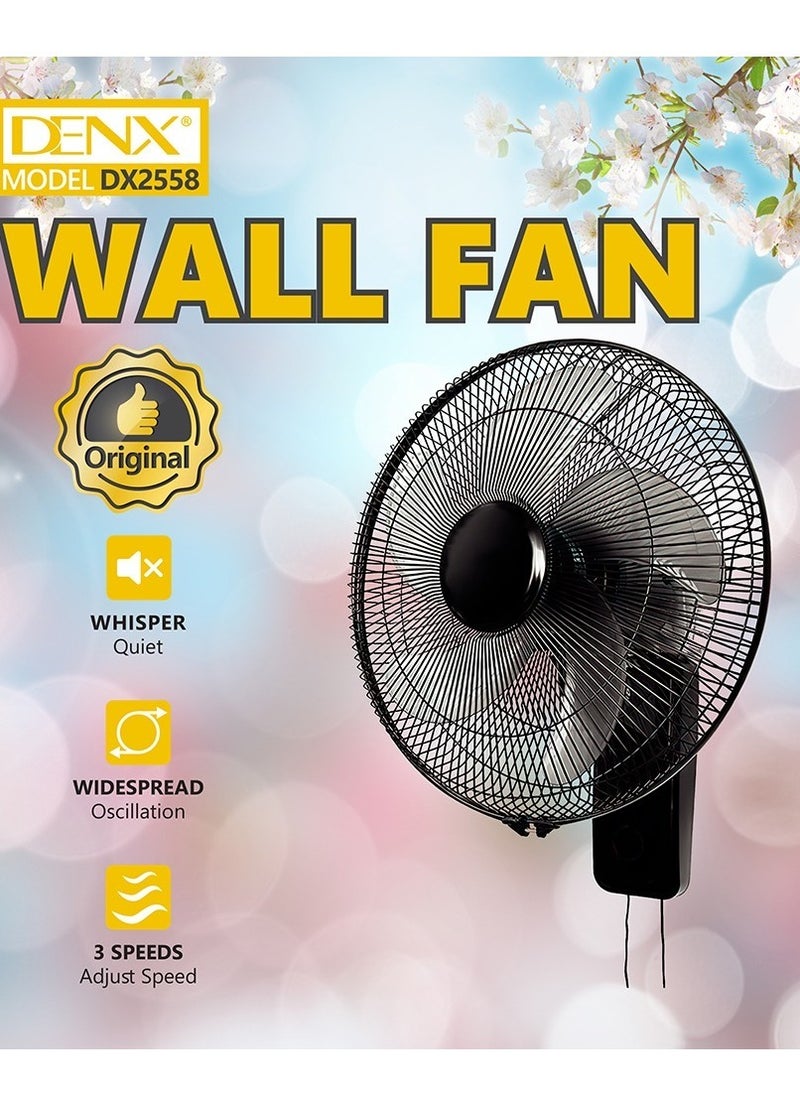 Denx - 16 Inch Wall Fan High Performance Fan with 3 Speed ​​Controls, 5 Leaf Blades and 2 Pull Cord Adjustable Tilt Angle and Efficient Cooling - Image 1