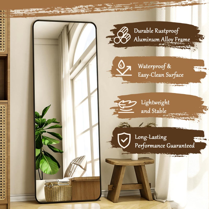 XRAMFY مرآة أرضية كاملة الطول XRAMFY 56"x21" مع زوايا مستديرة ووقوف مع حامل للتعليق على الحائط أو الميل في غرفة النوم أو غرفة المعيشة أو غرفة الملابس، سوداء - Image 5