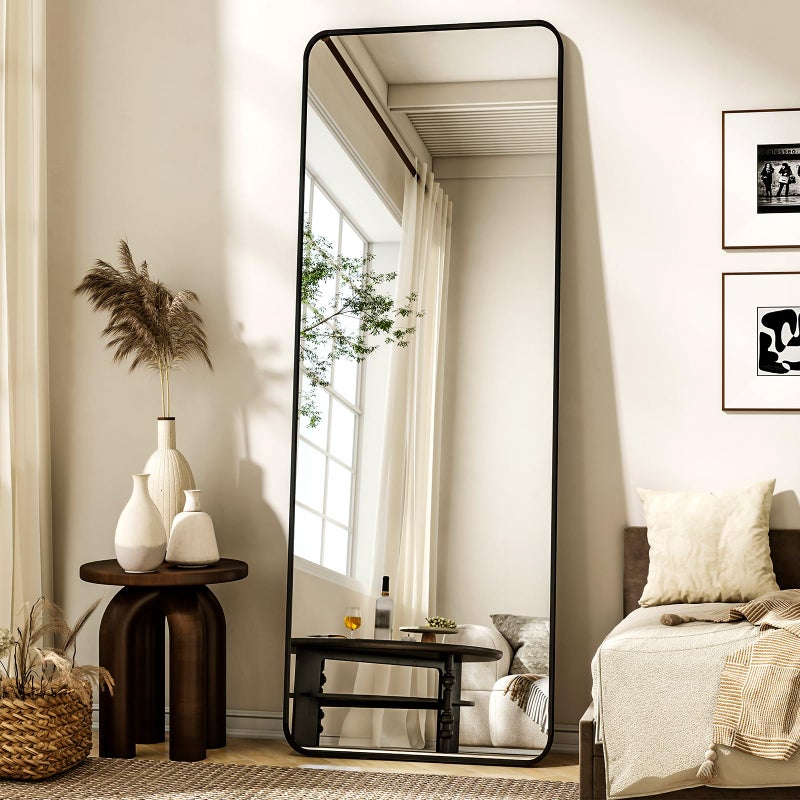 XRAMFY مرآة أرضية كاملة الطول XRAMFY 56"x21" مع زوايا مستديرة ووقوف مع حامل للتعليق على الحائط أو الميل في غرفة النوم أو غرفة المعيشة أو غرفة الملابس، سوداء - Image 3