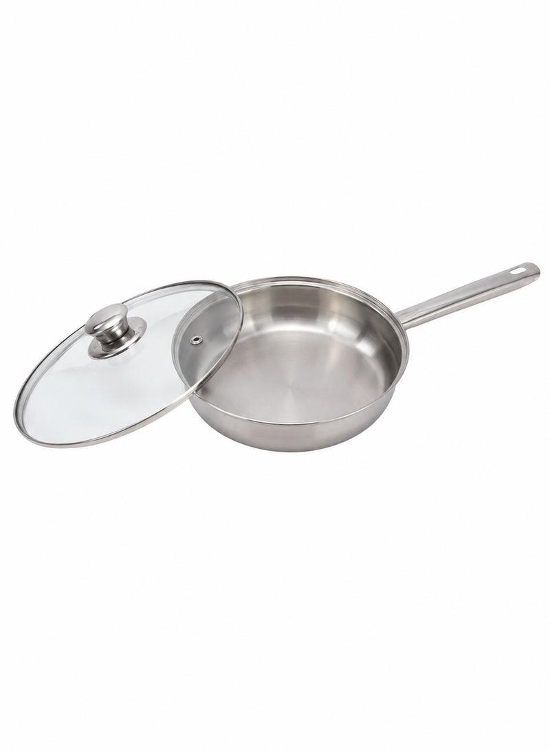 Noon East Stainless Steel Sandwich Bottom Fry Pan with Lid, Hollow Handle riveted, 24 cm, Silver | Induction Safe | Flame Safe | Hot Plate Safe | Dishwahser Safe - Image 1