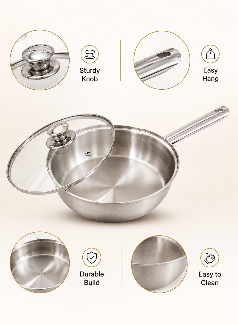 Noon East Stainless Steel Sandwich Bottom Fry Pan with Lid, Hollow Handle riveted, 24 cm, Silver | Induction Safe | Flame Safe | Hot Plate Safe | Dishwahser Safe - Image 5