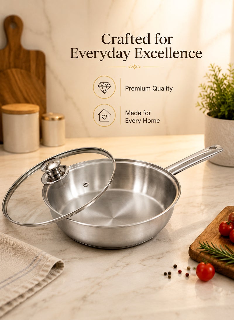 Noon East Stainless Steel Sandwich Bottom Fry Pan with Lid, Hollow Handle riveted, 24 cm, Silver | Induction Safe | Flame Safe | Hot Plate Safe | Dishwahser Safe - Image 4