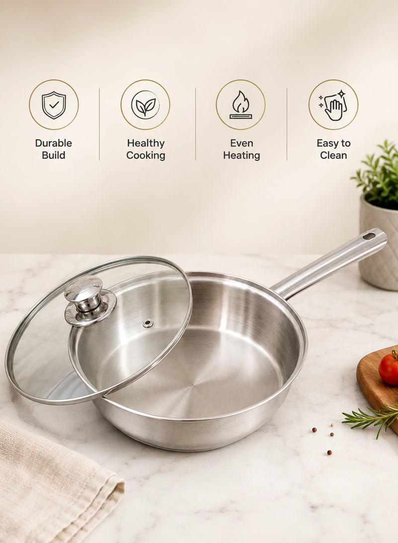 Noon East Stainless Steel Sandwich Bottom Fry Pan with Lid, Hollow Handle riveted, 24 cm, Silver | Induction Safe | Flame Safe | Hot Plate Safe | Dishwahser Safe - Image 2