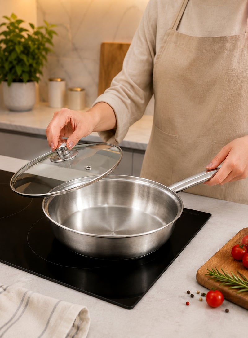 Noon East Stainless Steel Sandwich Bottom Fry Pan with Lid, Hollow Handle riveted, 24 cm, Silver | Induction Safe | Flame Safe | Hot Plate Safe | Dishwahser Safe - Image 3