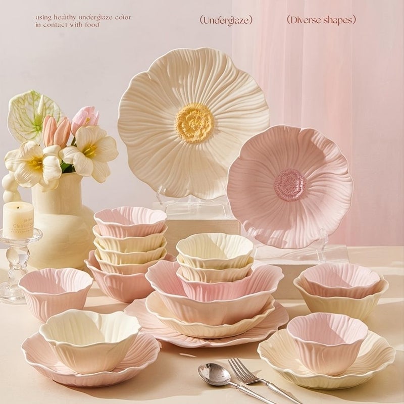 12 Pcs Set Matte End Floral Shaped Ceramic Tableware Yellow Pink Home Kitchen Hotel Restaurant Holiday Party Gift - Image 1