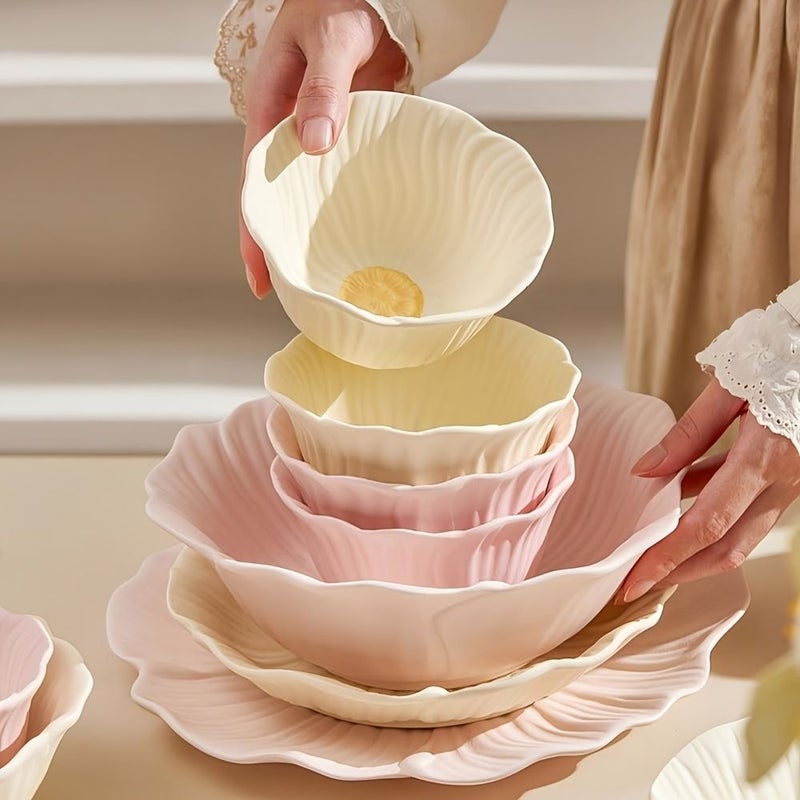 12 Pcs Set Matte End Floral Shaped Ceramic Tableware Yellow Pink Home Kitchen Hotel Restaurant Holiday Party Gift - Image 2