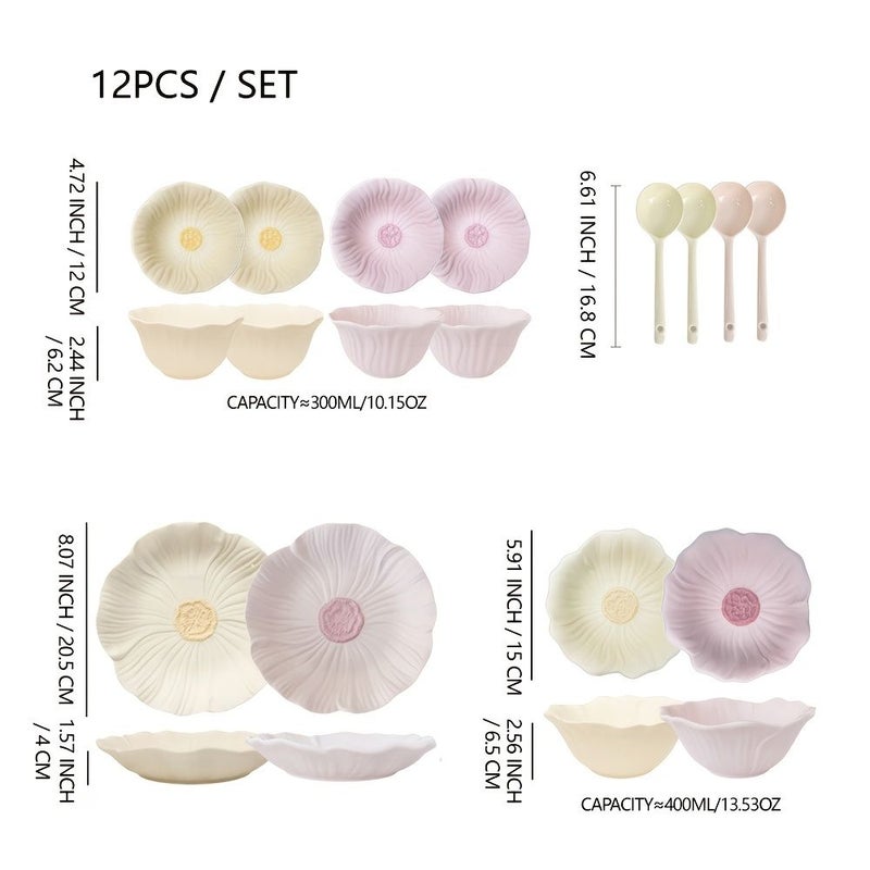 12 Pcs Set Matte End Floral Shaped Ceramic Tableware Yellow Pink Home Kitchen Hotel Restaurant Holiday Party Gift - Image 3