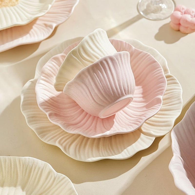 12 Pcs Set Matte End Floral Shaped Ceramic Tableware Yellow Pink Home Kitchen Hotel Restaurant Holiday Party Gift - Image 4