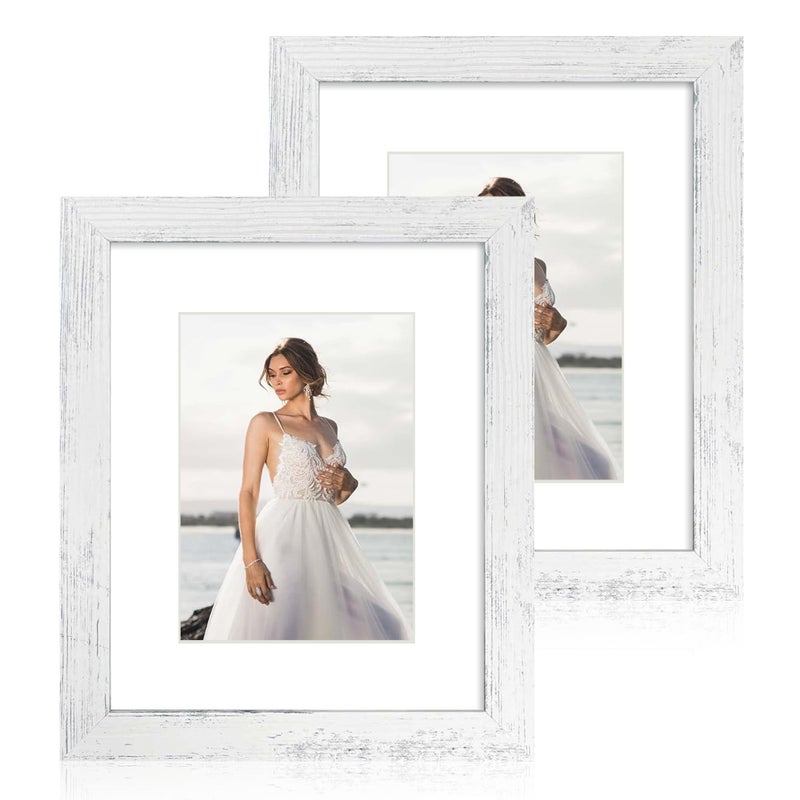 Irahmen 8x10 إطار الصورة 2 حزمة زجاجية حقيقية وأبيض أبيض إطار عرض الصور 5x7 مع حصيرة أو 8 × 10 بدون حصيرة للمنص أو تصاعد الجدار - Image 1