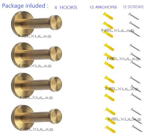 NELXULAS Golden Brushed Stainless Steel Single Heavy Duty Wall Mount Hook Bath Towel Hooks Robe Hooks Coat Hanger 4 PCS 4 inch - Image 3