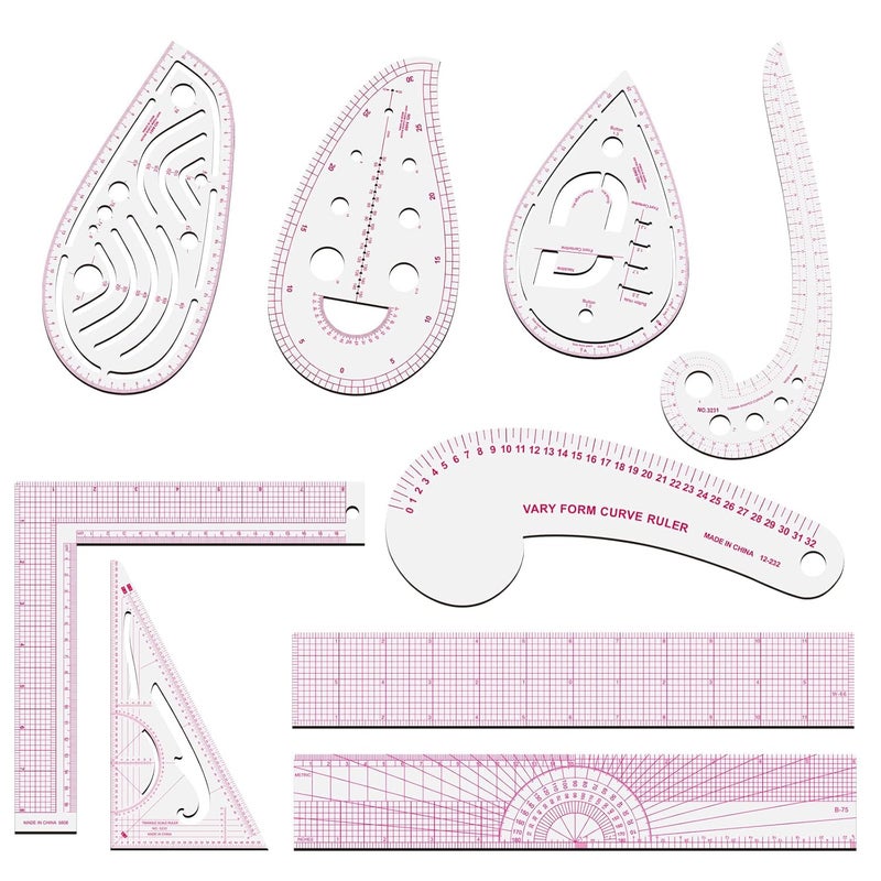 Sunenlyst Sewing Rulers Set, 9 Styles Plastic Sew French Curve Ruler, Metric Sewing Measuring Tools for Designers and Tailors, Perfect for Drawing, Craft, Sewing Project and DIY by (Style B-9PCS) - Image 1