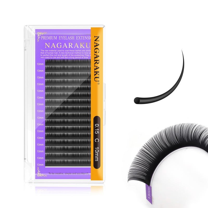 NAGARAKU Eyelash Extensions Individual Lashes 0.15 mm C curl 10mm Premium Classic Matte Black Faux Mink 16 Rows Natural Professional Beauty Salon Supplies - Image 1