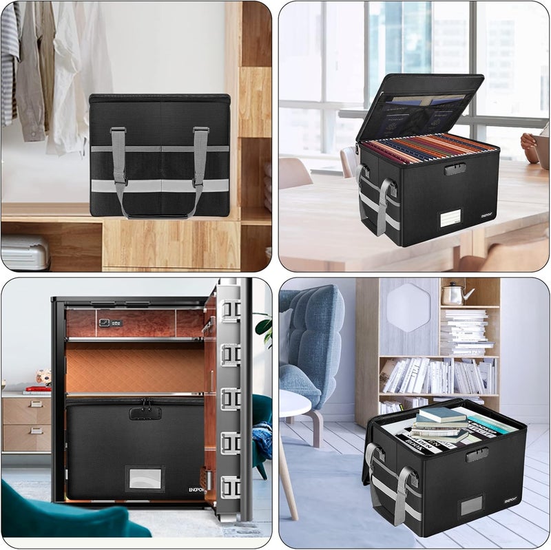 ENGPOW File Box with Lock,Fireproof Document Box with Zipper＆Pockets,Collapsible File Organizer Filing Storage Cabinet with Handle,Portable Home Office Safe for Hanging Letter/Legal Folder,Black - Image 3