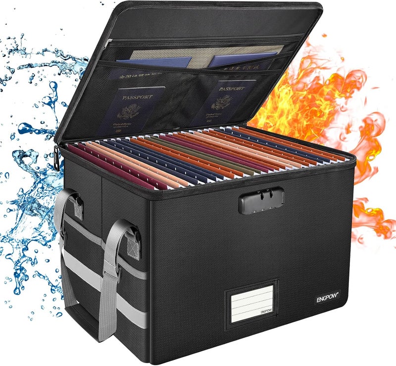 ENGPOW File Box with Lock,Fireproof Document Box with Zipper＆Pockets,Collapsible File Organizer Filing Storage Cabinet with Handle,Portable Home Office Safe for Hanging Letter/Legal Folder,Black - Image 1