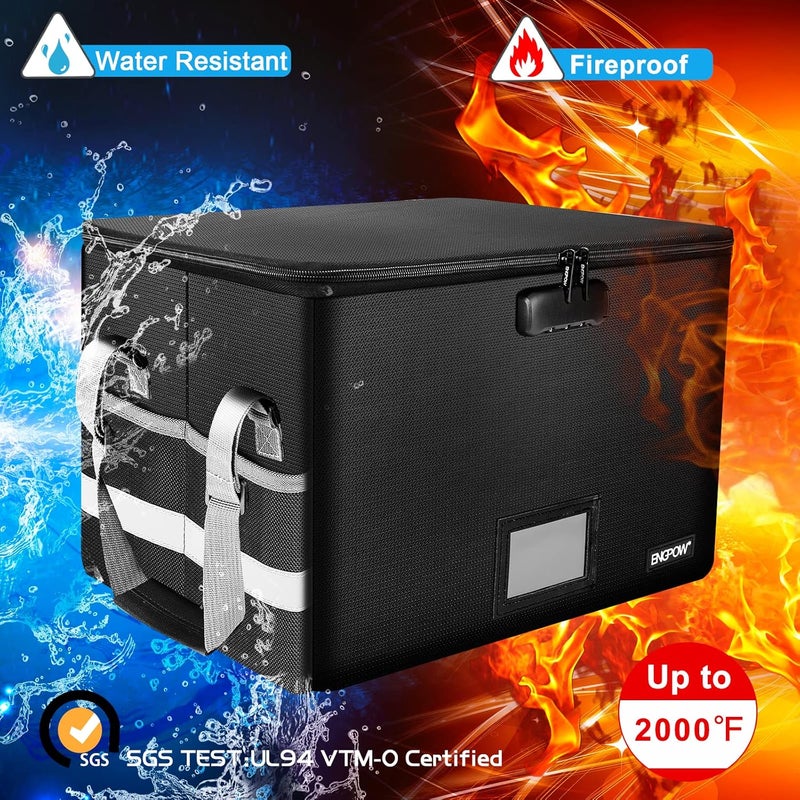 ENGPOW File Box with Lock,Fireproof Document Box with Zipper＆Pockets,Collapsible File Organizer Filing Storage Cabinet with Handle,Portable Home Office Safe for Hanging Letter/Legal Folder,Black - Image 5